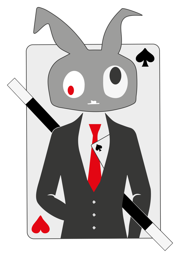 Das Markenzeichen von Zauberer unter sich: ein Hase mit Spielkarte, Zauberstab und roter Krawatte.